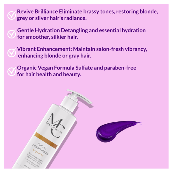 Natural, vegan magic for blonde & silver hair! Mia Haircare's Purple Conditioner: sulfate-free, organic, cruelty-free. Neutralizes brass, enhances cool tones, hydrates, & detangles. Made in Australia with love.