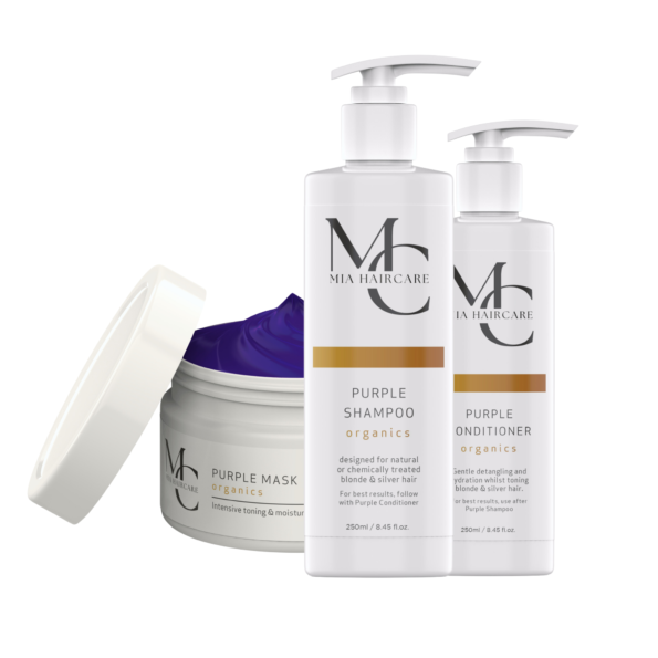 Limited-edition purple gift box with Mia Haircare's Blonde & Silver hair care essentials.